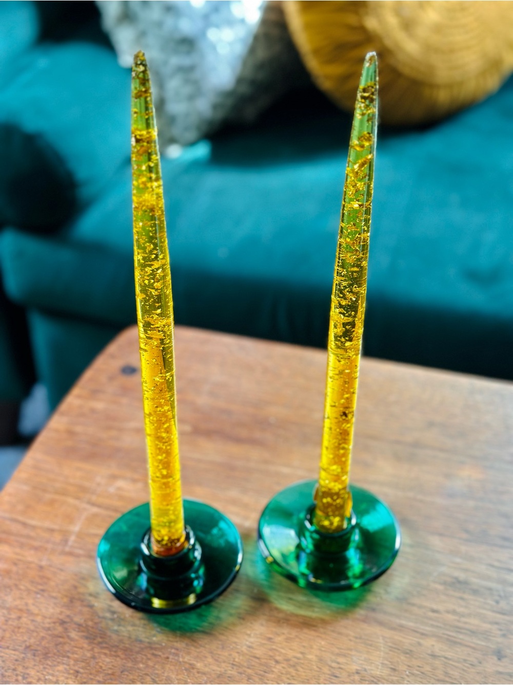 Midcentury yellow golden flake lucite candles w/ green glass holders
